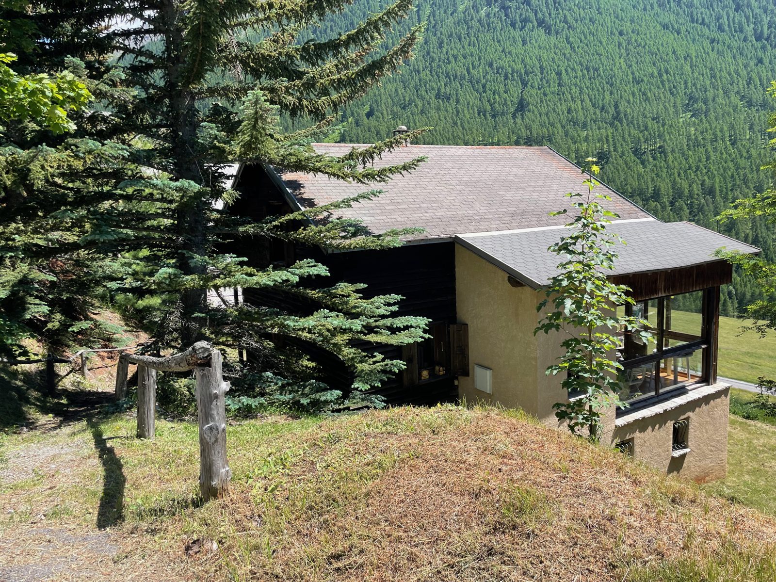 Le chalet Leyvoraz vu du haut, entouré de mélèzes